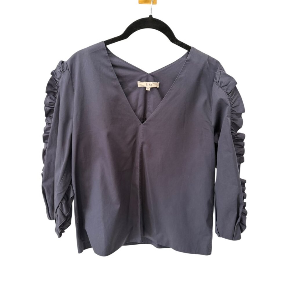 Tibi Navy Cotton Poplin Ruffle Sleeve V-Neck Blouse Size 00